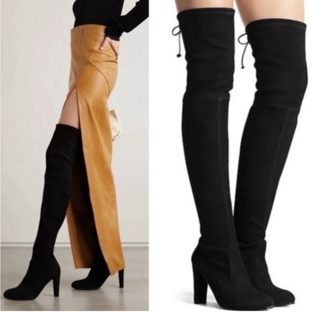 New! Stuart Weitzman Vidaland Black Stretch‎ Crushed Velvet OTK Boots Sz 9 $995